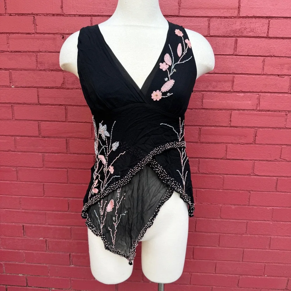 Vtg Y2K Karen Kane Beaded Floral Sleeveless Top Womens Size XS Whimsygoth Fairy - Picture 1 of 8
